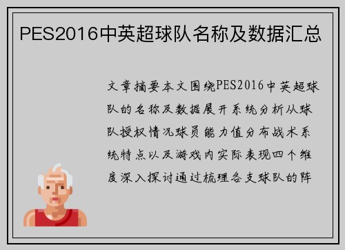 PES2016中英超球队名称及数据汇总