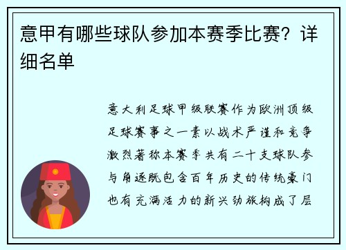 意甲有哪些球队参加本赛季比赛？详细名单